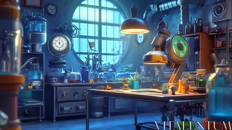 Colorful retro science lab with equipment and tools.