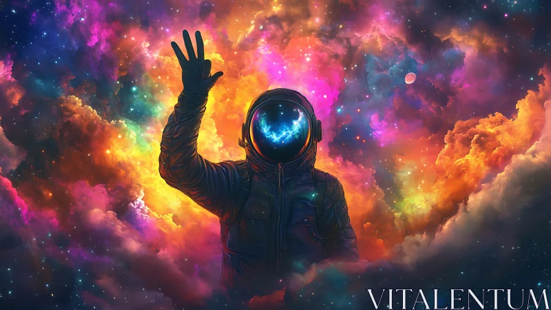 Cosmic astronaut silhouette rises through radiant nebula clouds