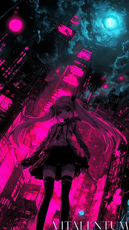 Neon moonlit vigilante girl beneath glitching magenta skyline.