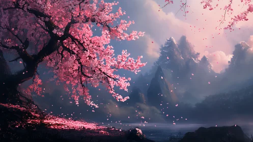 Cherry blossom tree beside misty mountains at dusk.