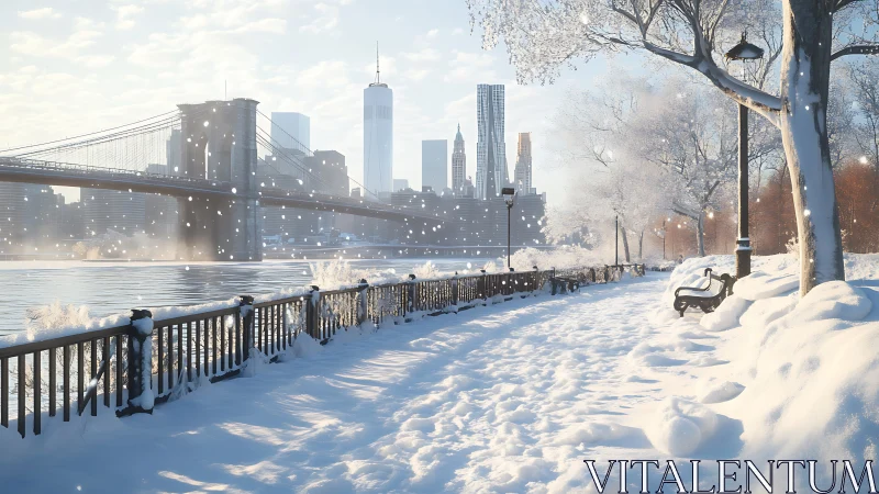 Snow-laden urban riverfront with bridge and skyline perspective.