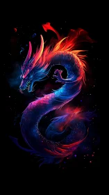 Neon fire dragon coiled in dark cosmic void.