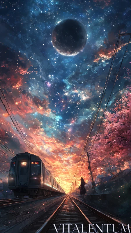 Night sky with eclipse above train tracks and figure at sunset.