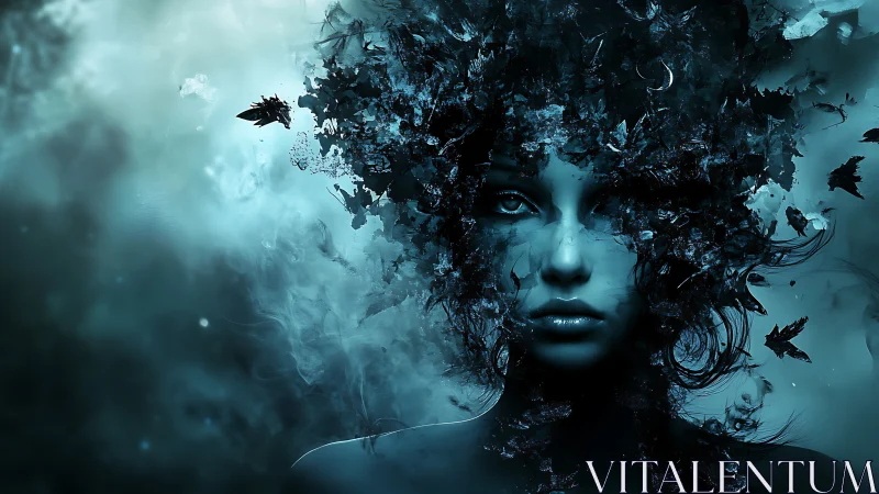 Fragmented ethereal portrait merges human visage and smoke shards