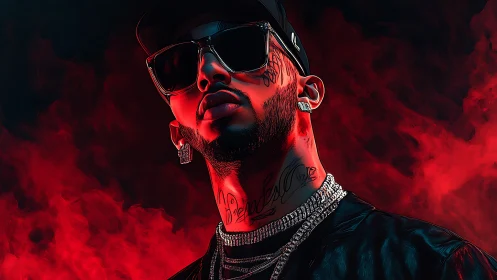 Tattooed rapper portrait against vivid red smoke backdrop