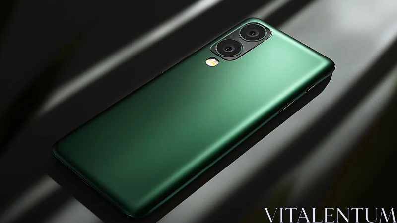 Dual-Camera Smartphone with Emerald Green Matte Finish Under Directional Lighting