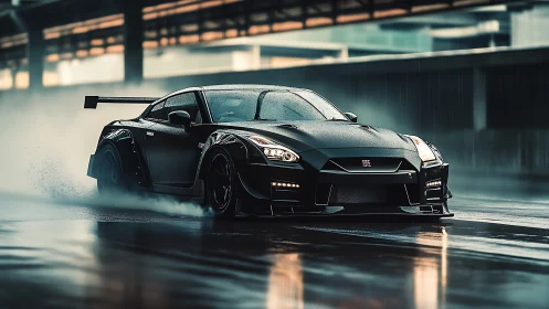 Photorealistic rain-soaked GT sports car in dynamic motion frame.