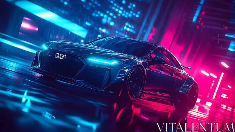 Audi sports sedan cuts neon rain on reflective city street.
