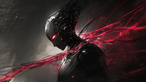 Side-profile cybernetic figure with red energy trails.