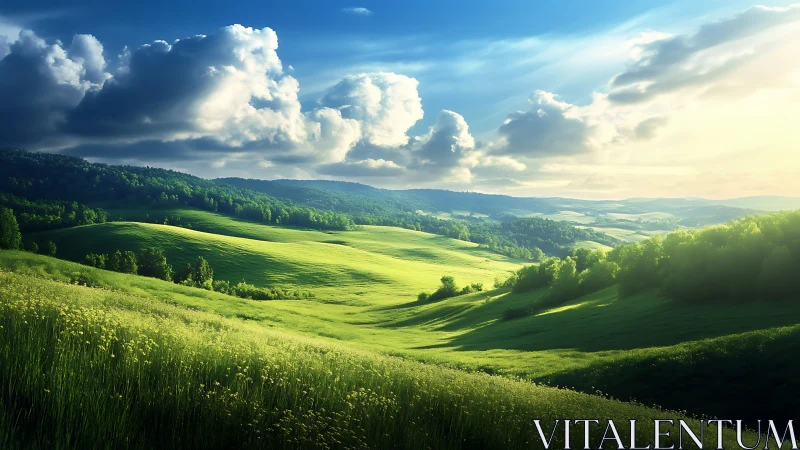 Sunlit rolling hills and distant tree line under clouds.