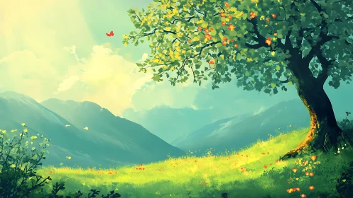 Sunlit hillside tree welcomes a bright and peaceful morning