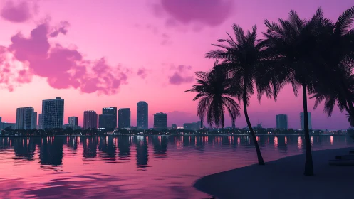 Tropical city shoreline glows under vivid magenta sunset sky