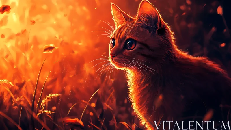 Fiery Cat Portrait in Amber Flames and Warm Light.
