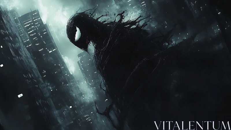 Dark alien creature looms over misty night cityscape.