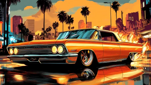 Sunset lowrider blazes through neon-soaked palm avenue.
