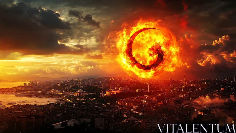 Massive spiral sun engulfing cityscape in apocalyptic vision