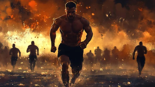 Muscular man sprinting ahead of runners in fiery scene.