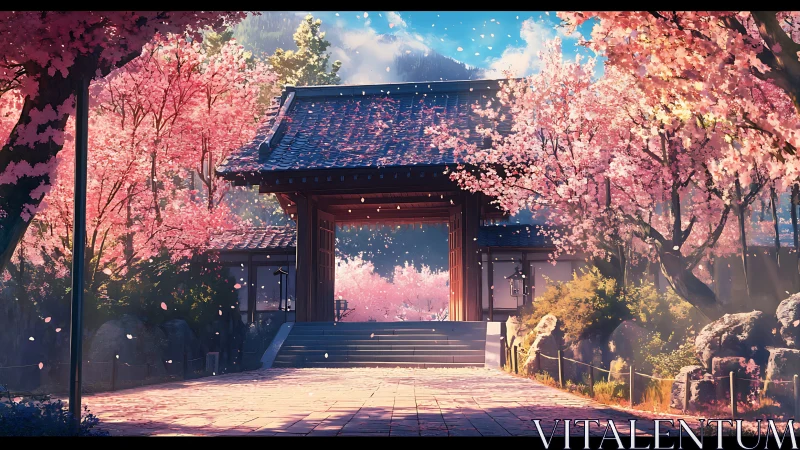Cherry blossom temple gate under radiant spring light.
