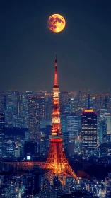 Tokyo Tower glows beneath enlarged orange moon at night