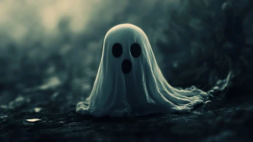Tiny spectral ghost in misty forest with soft lighting.