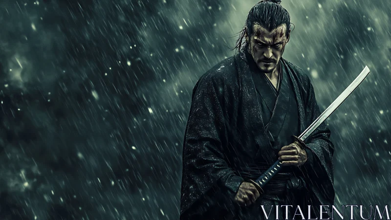 Samurai warrior grips katana in heavy rainstorm outdoors
