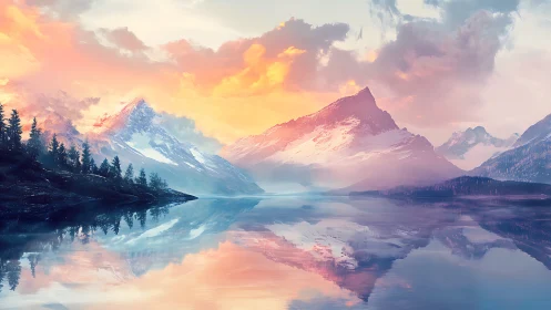 Dreamlit mountain lake under soft pastel sunrise skies.