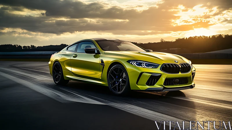Sunlit lime green sports coupe glides across open racetrack