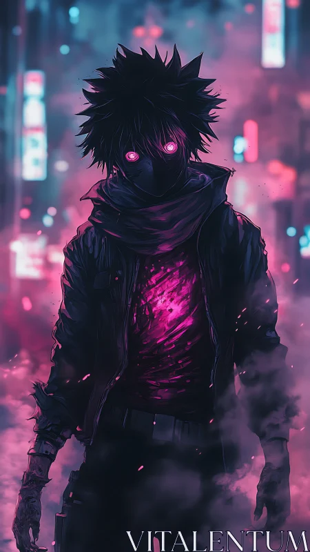 Hooded figure with neon eyes stands in glowing city fog