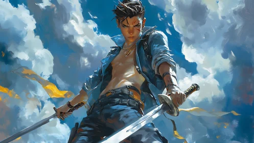 Young swordsman holding twin blades under cloudy sky.