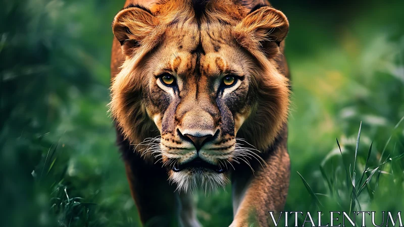 Male lion advances through grass with intense frontal gaze