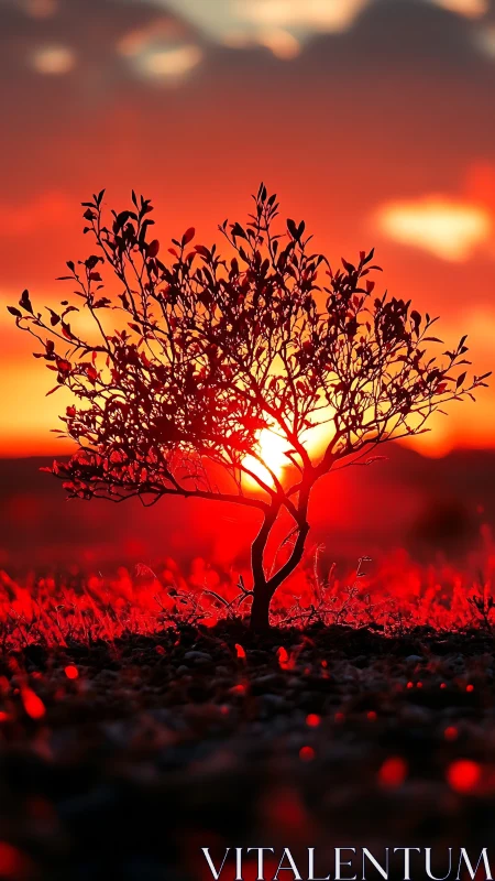 Backlit sapling silhouette intersects a saturated red sunset