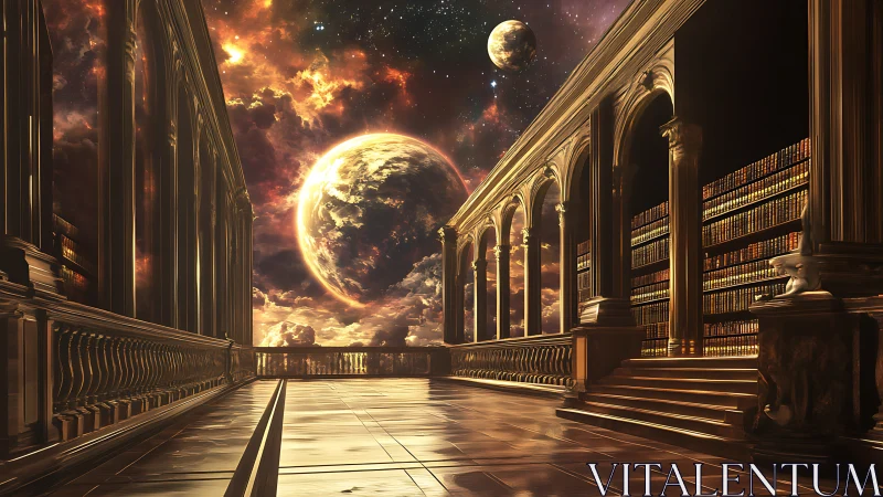 Celestial marble library with luminous planetary horizon.