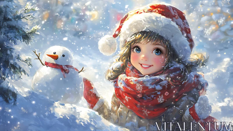 Snowy child and cheerful snowman sharing cozy winter joy.