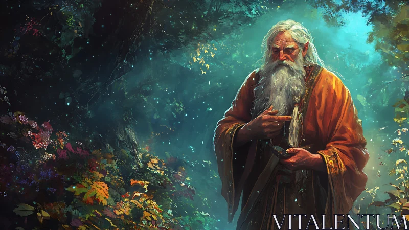 Forest sage cradles ancient magic in emerald twilight glow.