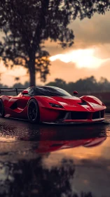 Red hypercar under stormy sunset on wet reflective track.