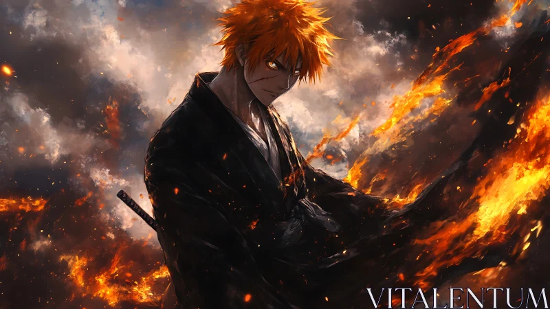 Orange haired swordsman stands in flames and storm clouds