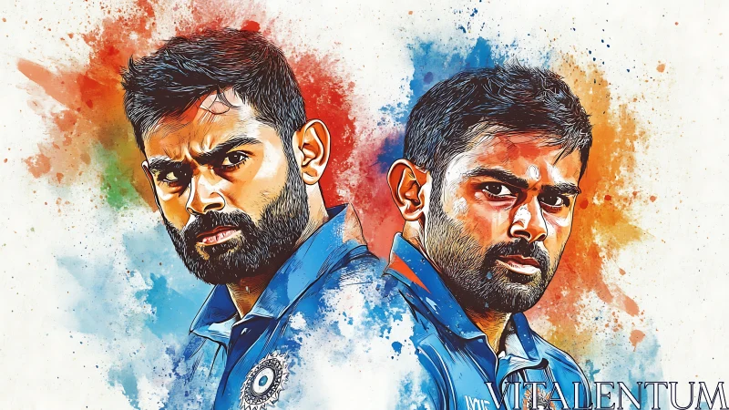 Dual portrait of cricketer in blue jersey on splatter background.