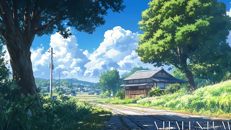 Sunlit country lane beside a quiet wooden village house.