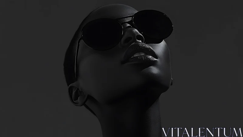 Monochrome low key portrait isolates glossy sunglasses and lips