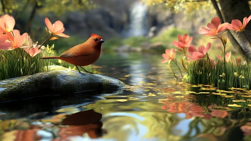Digital songbird poised on mossy stone beside reflective stream