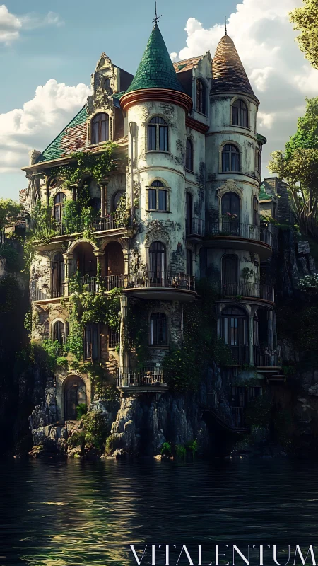 Lakeside stone villa with turrets and ivy-covered facades.