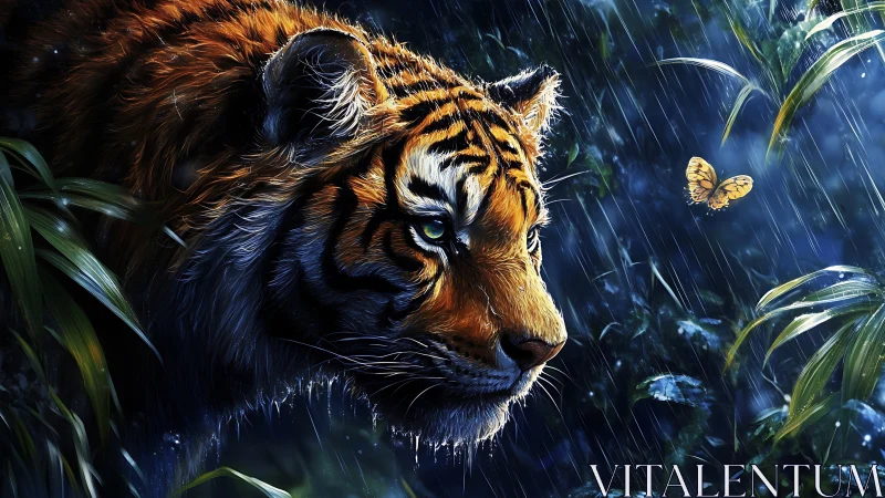 Tiger meets golden butterfly in a moonlit jungle storm.