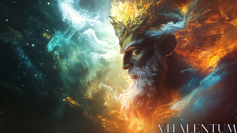 Elemental god profile merges cosmic fire and swirling nebula