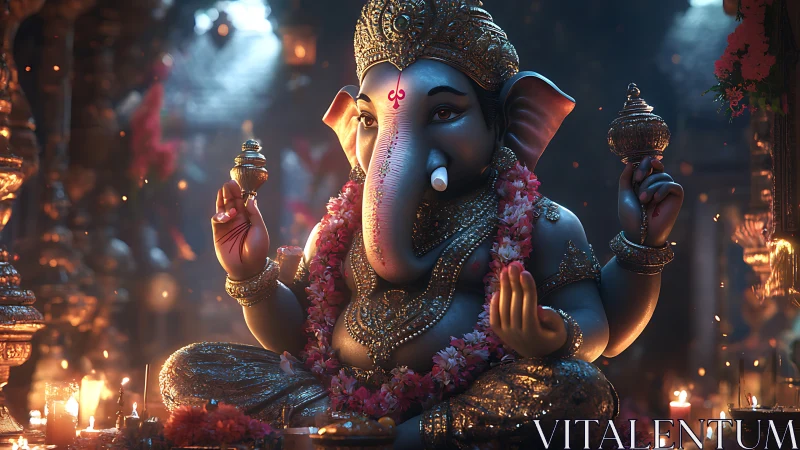 Serene Ganesha idol glows amid temple candles and incense