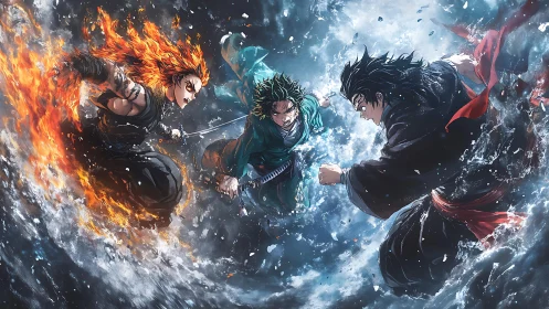 Triadic elemental duel unites fire, water and motion in anime art