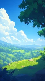 Sunlit hilltop meadow overlooking rolling verdant valleys.