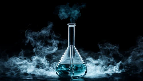Laboratory flask with blue liquid and swirling chemical vapor.