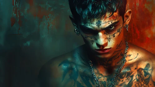 Tattooed youth glares under neon light in a moody portrait