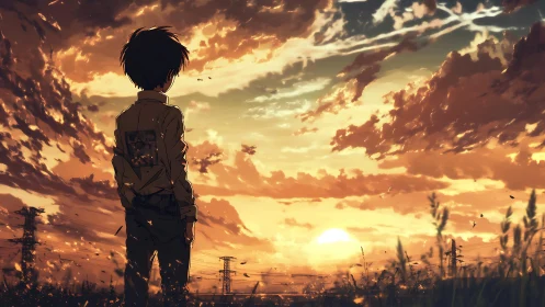 Backlit adolescent silhouette in high-saturation sunset field.