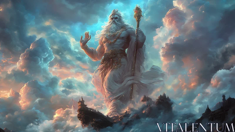 Majestic sky god rising among glowing storm clouds.